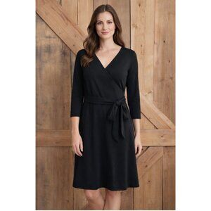 Lands End Black Faux Wrap Fit Flare Dress, Sz M, Minimal, Capsule, wedding guest